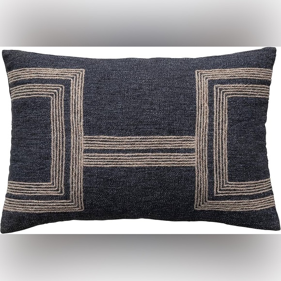 Creative Co-Op 24 Inches Cotton Blend LumbarJute Embroidery Charcoal Pillow Gray - Picture 1 of 10